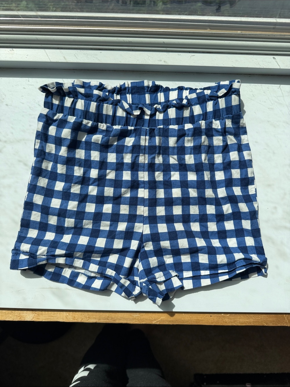 Girls Navy and White Gingham Ruffle-Waist Shorts